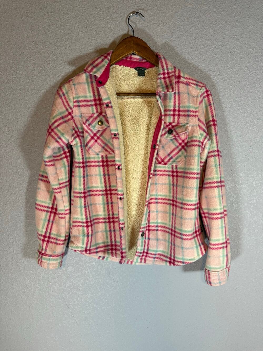 Eddie Bauer Girls 14/16 Pink Plaid Sherpa Lined Fleece Shacket